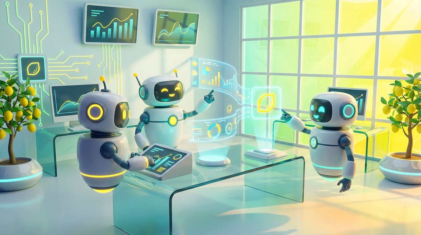 3D rendering of friendly AI robots assisting in a vibrant, modern office, illustrating AI client onboarding for financial services.