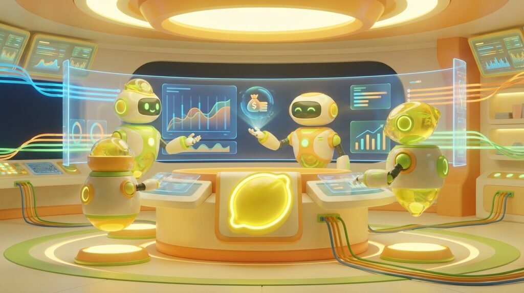 Three AI robots collaborate in a vibrant, modern workspace, illustrating AI hallucination risk in financial services with citrus-inspired 3D design.