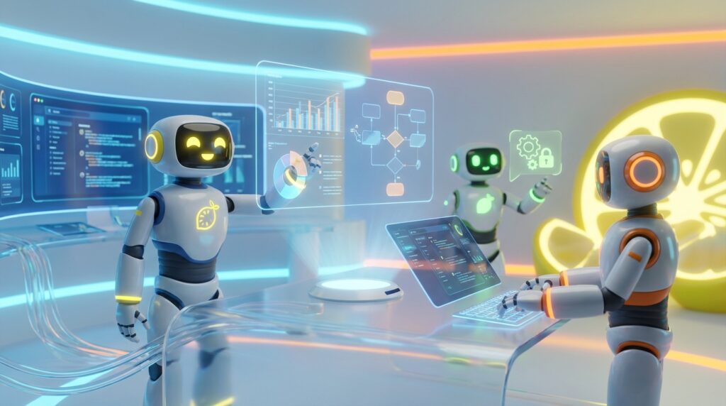 3D-rendered AI robots collaborating in a modern office with vibrant citrus accents, illustrating AI for accounting firms automating compliant workflows.