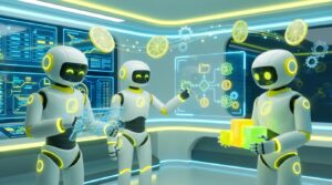 Three friendly AI robots collaborate in a vibrant, modern workspace, showcasing AI for Bookkeeping automation with citrus-inspired colors.