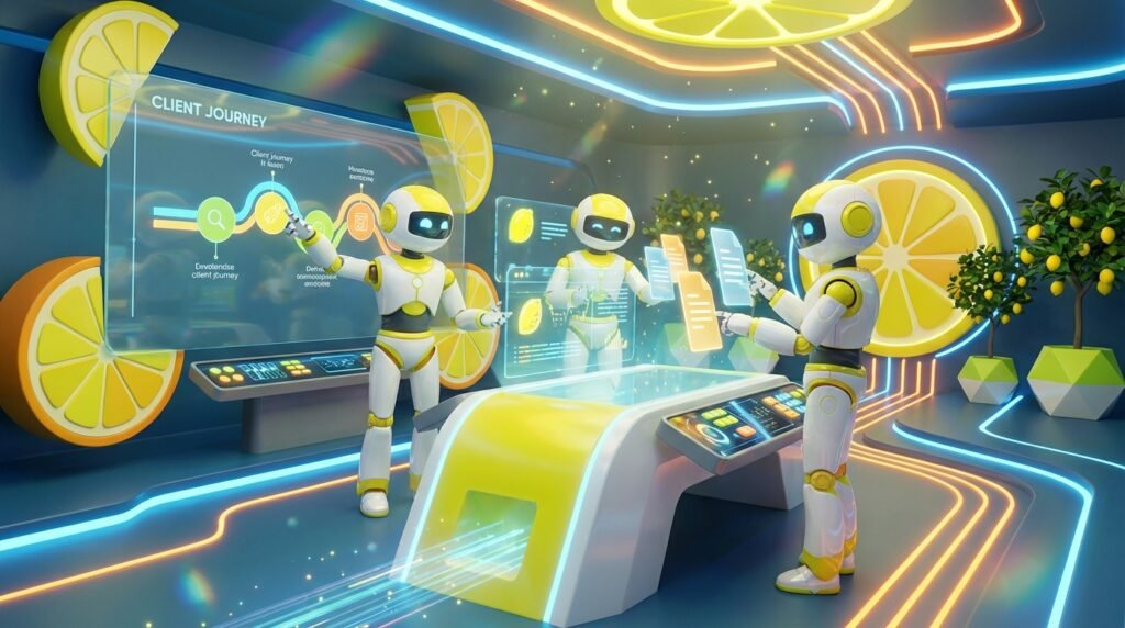 3D render of friendly AI robots assisting in a vibrant modern tech space with citrus accents, illustrating AI for client onboarding, no humans or text.