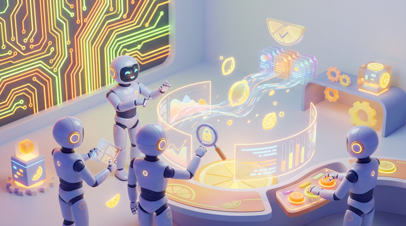 3D-rendered AI robots working in a sleek, modern office environment with vibrant citrus accents, illustrating AI for financial advisors managing client data compliantly.