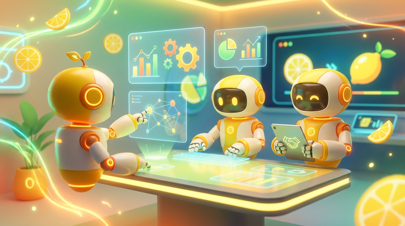 3D-rendered friendly AI robots collaborating in a vibrant, modern workspace, depicting AI for financial advisors automating tasks while maintaining trust.