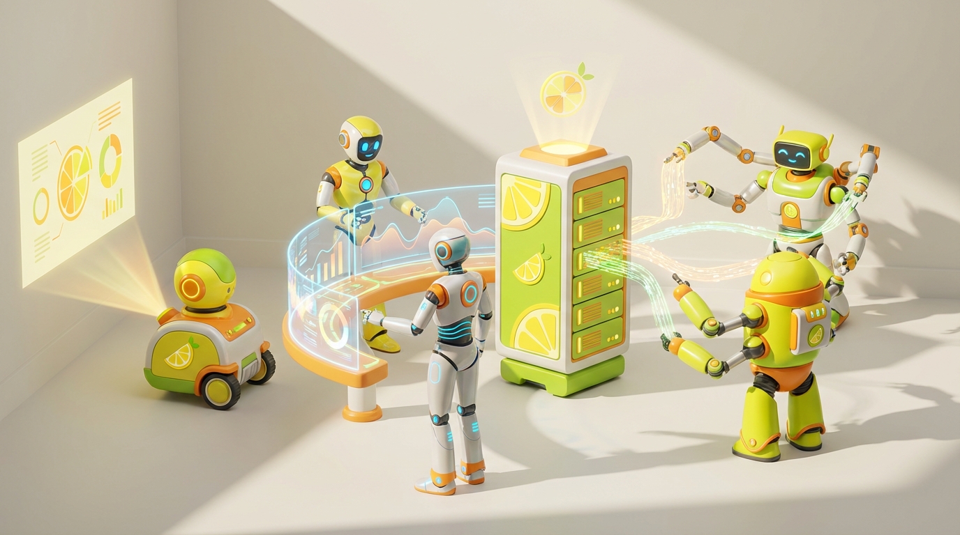 3D-rendered friendly AI robots working collaboratively in a modern, vibrant office, representing AI for Fractional CFOs automating tasks.