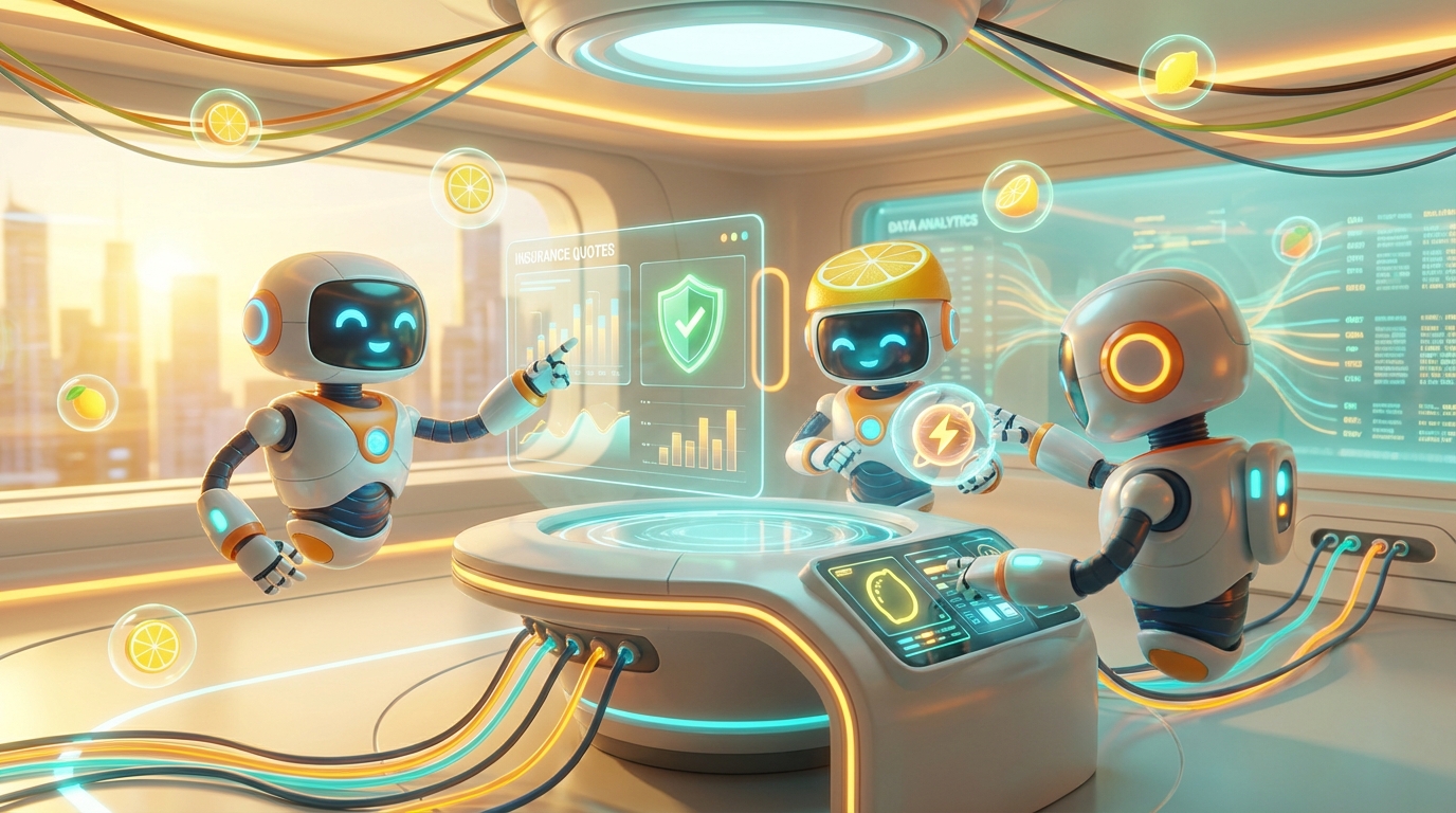 3D-rendered friendly AI robots collaborating in a vibrant, tech-forward office, illustrating AI for insurance agents automating quotes risk-free.