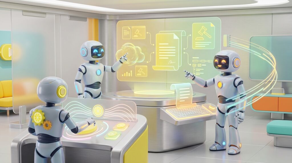 3D-rendered AI robots collaborating in a modern, tech-forward office with vibrant citrus accents, representing AI for law firms automating research and drafting securely.