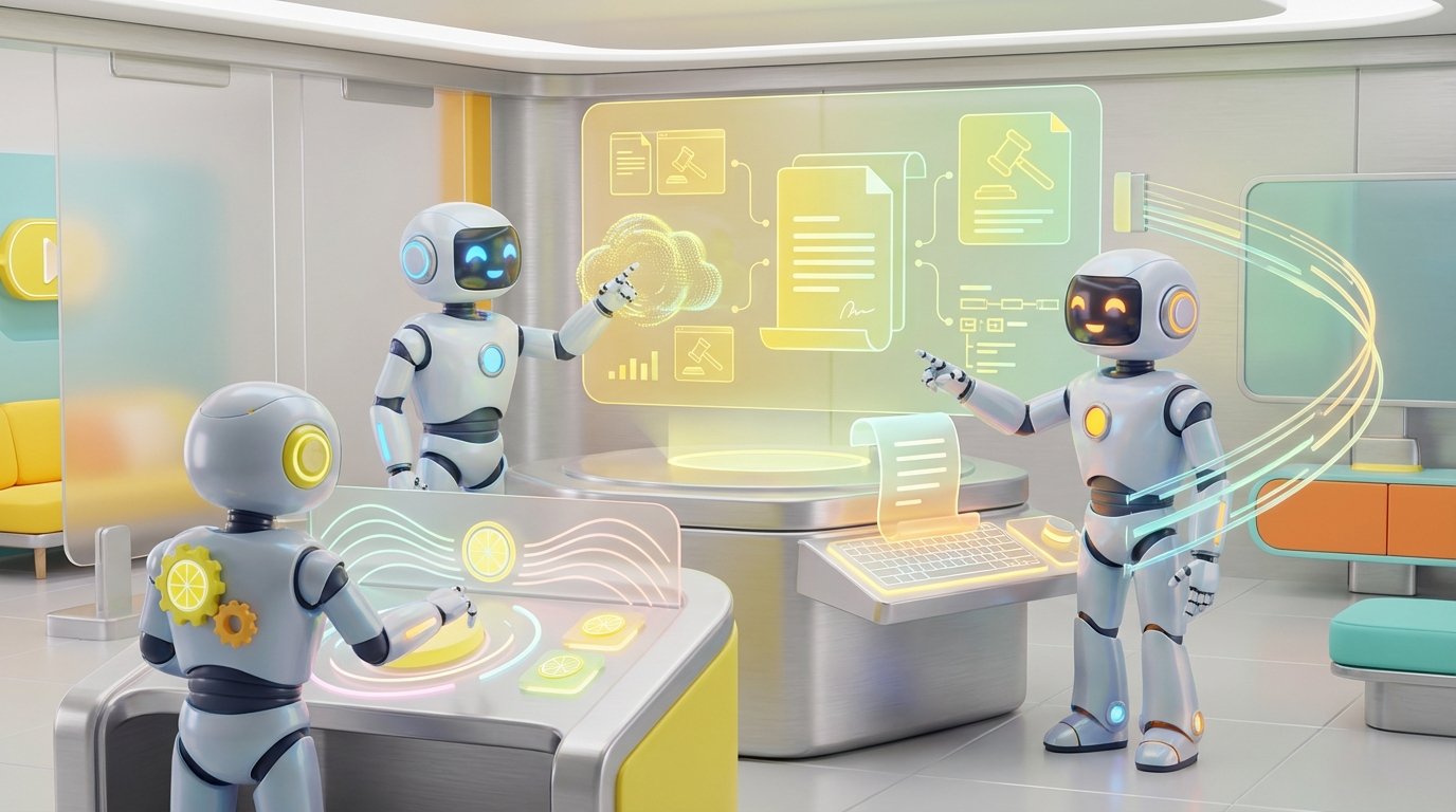 3D-rendered AI robots collaborating in a modern, tech-forward office with vibrant citrus accents, representing AI for law firms automating research and drafting securely.