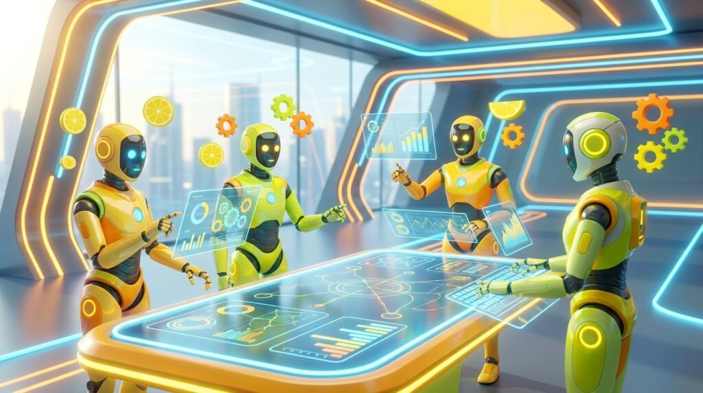 Four AI robots work collaboratively in a vibrant, modern workspace, depicting AI for mortgage brokers with citrus-inspired 3D design, emphasizing automation and regulatory compliance.