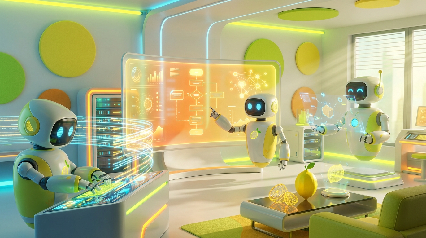 Three AI robots collaborate in a dynamic, modern workspace, illustrating AI for tax preparation firms with vibrant citrus-inspired 3D design, focused on automation and compliance.