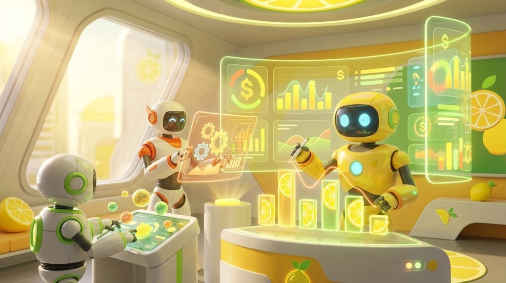 3D-rendered friendly AI robots collaborating in a vibrant, modern workspace, representing AI for wealth management automating key tasks.