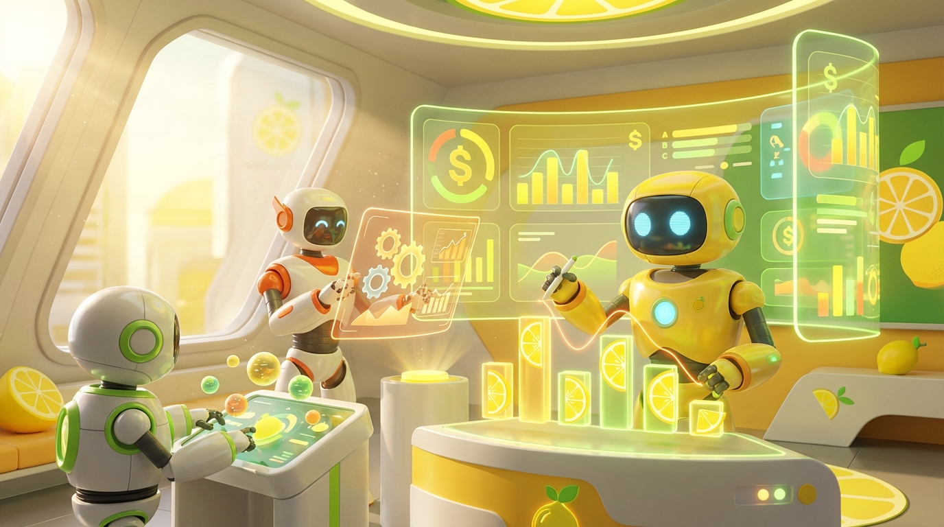 3D-rendered friendly AI robots collaborating in a vibrant, modern workspace, representing AI for wealth management automating key tasks.