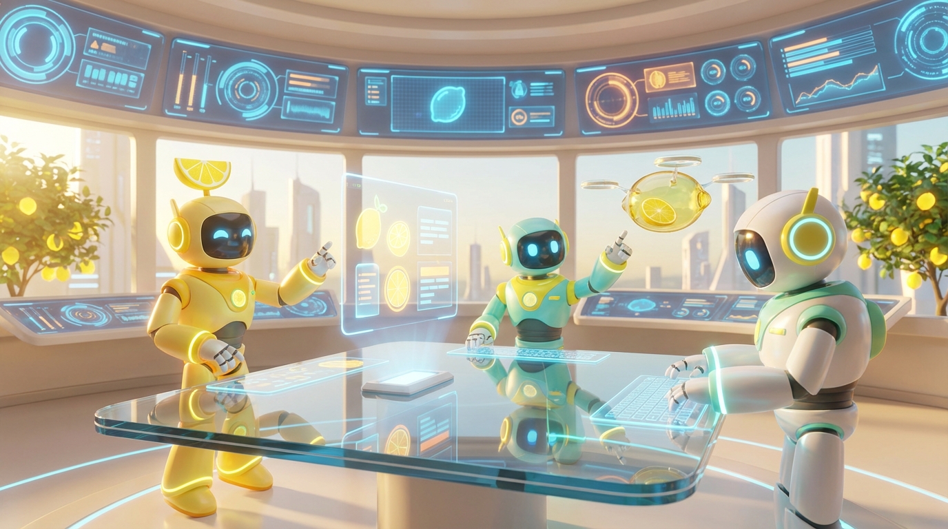 Three AI robots collaborate in a sleek, modern workspace, illustrating the best AI agent builder for regulated industries with vibrant citrus-inspired 3D accents.