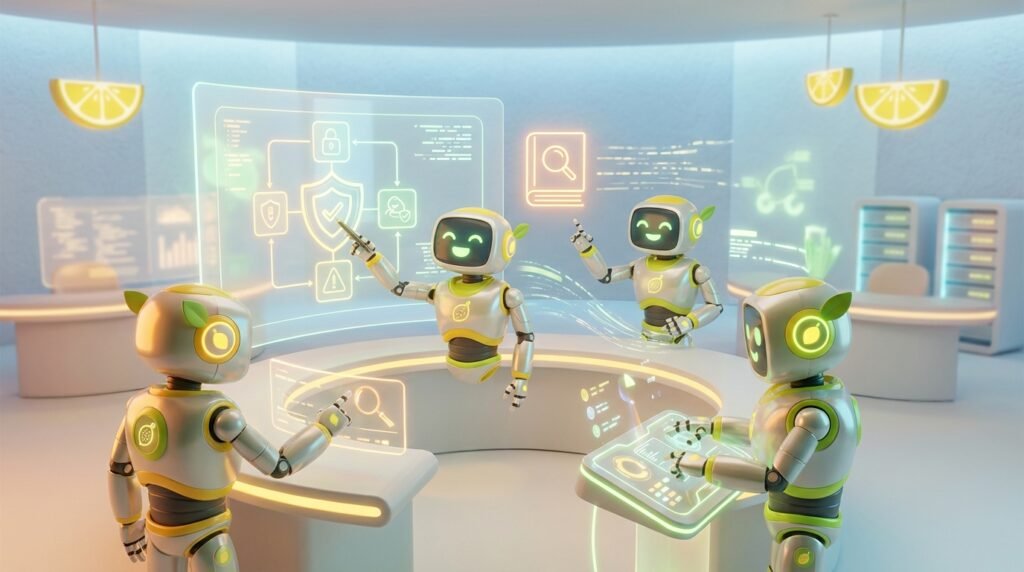 High-quality 3D rendering of friendly AI robots collaborating in a vibrant, tech-forward workspace, illustrating compliant AI for regulated businesses.