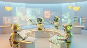 High-quality 3D rendering of friendly AI robots collaborating in a vibrant, tech-forward workspace, illustrating compliant AI for regulated businesses.
