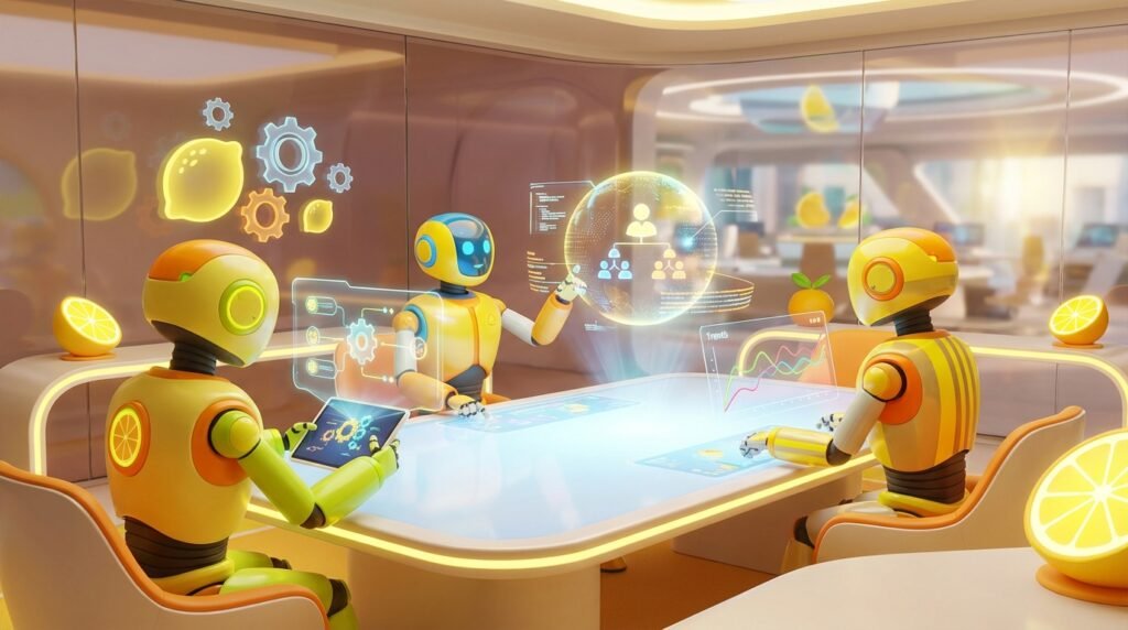 3D render of multiple friendly AI robots collaborating in a vibrant modern tech workspace with citrus accents, no humans or text.
