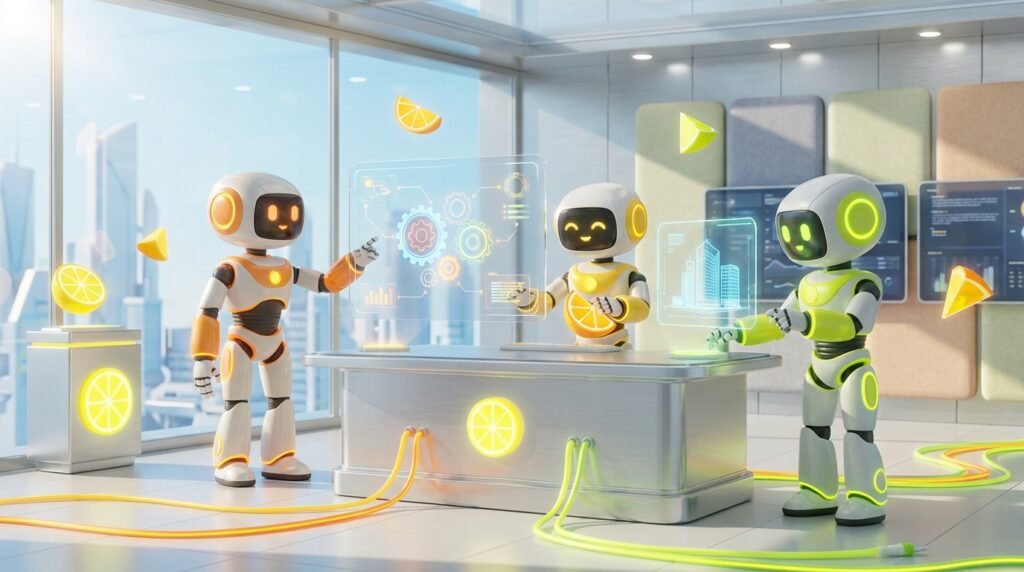 Three AI robots collaborate in a dynamic, modern workspace, illustrating how to build a multi-agent AI with vibrant citrus-inspired 3D design.