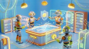 3D-rendered friendly AI robots operating in a vibrant, high-tech environment, illustrating a secure AI platform for client data protection.