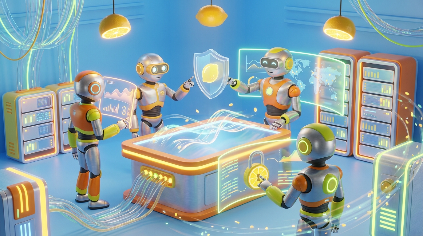 3D-rendered friendly AI robots operating in a vibrant, high-tech environment, illustrating a secure AI platform for client data protection.