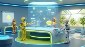3D render of 4 friendly AI assistant robots organizing a modern tech workspace with citrus accents.
