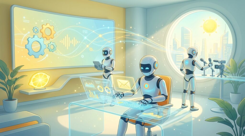 High-quality 3D rendering of friendly AI robots collaborating in a modern workspace, illustrating how to use AI for email and client follow-ups.