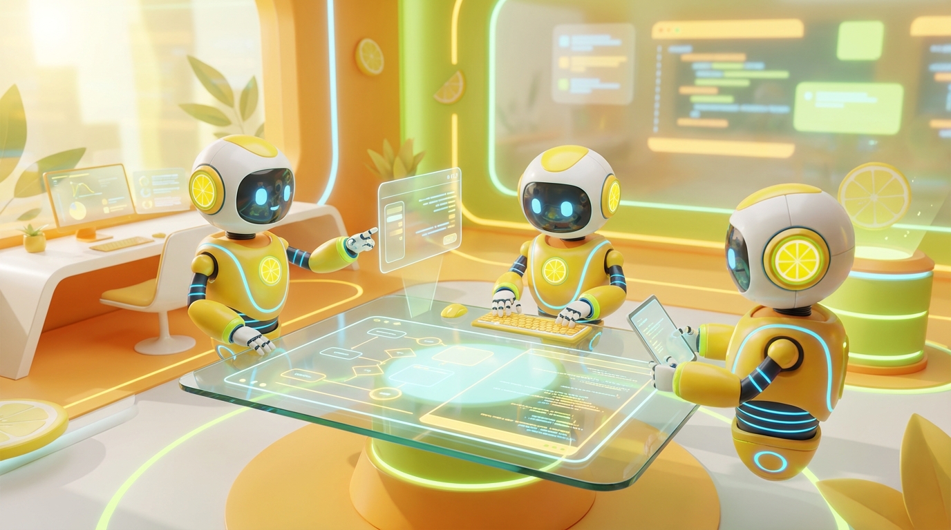 3D render of 2 friendly AI agent robots collaborating in a vibrant modern tech lab with citrus accents. No humans or text.