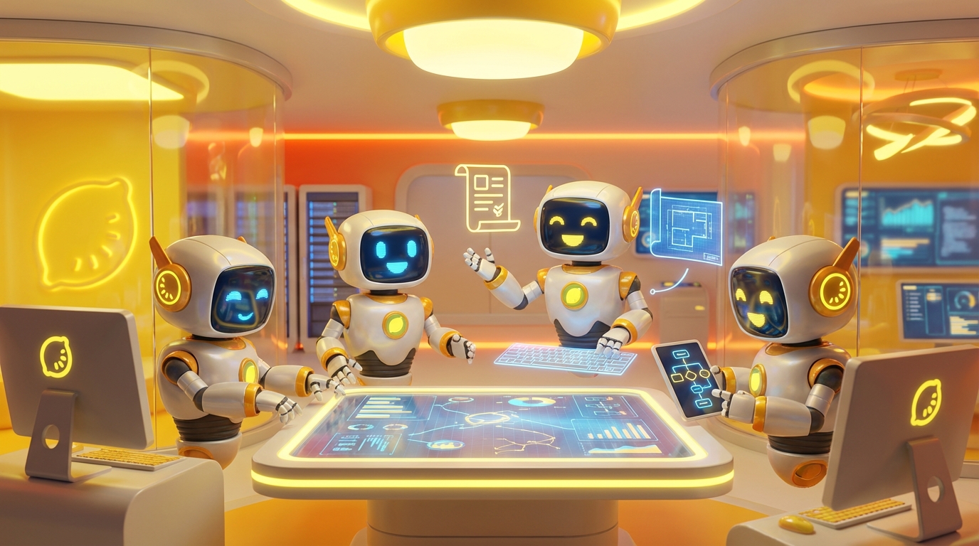 Three AI robots collaborate in a sleek, modern workspace, illustrating how to write an AI use policy with vibrant citrus-inspired 3D design.