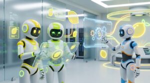 Three AI robots work collaboratively in a dynamic, modern environment, showcasing LaunchLemonade vs Sintra AI with vibrant citrus-inspired 3D design.