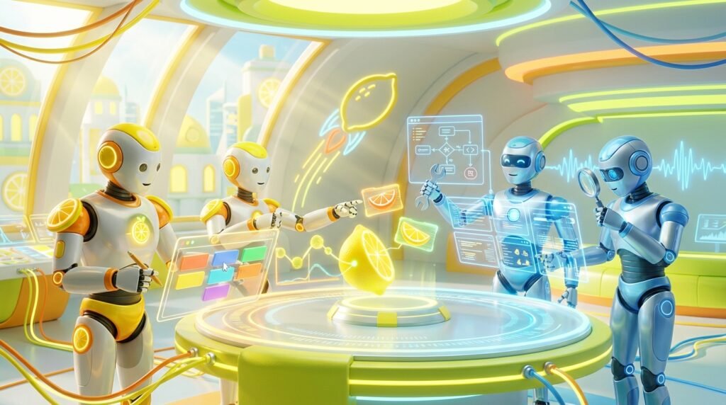 Four AI robots collaborate in a bright, modern workspace, illustrating LaunchLemonade vs Voiceflow with vibrant citrus-inspired 3D accents.