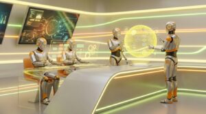 Three AI robots collaborate in a modern, vibrant workspace, representing low-code AI agent builders with dynamic citrus-inspired 3D accents.