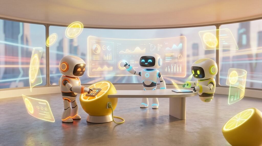 3D render of friendly AI voice agents interacting in a vibrant modern tech environment with citrus accents, no humans or text.