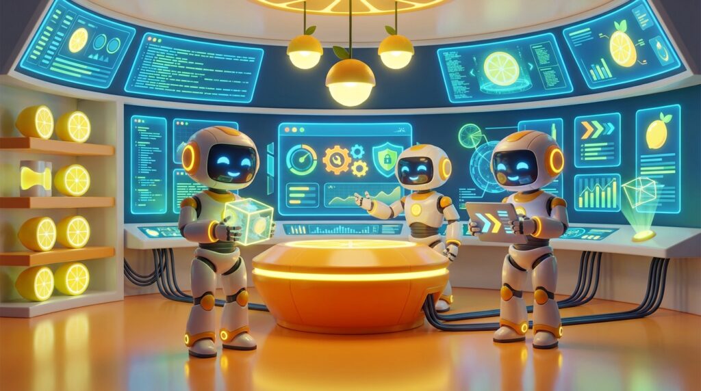 3D-rendered AI robots working collaboratively in a modern tech environment with vibrant citrus accents, illustrating the concept of governed AI for secure client data management.