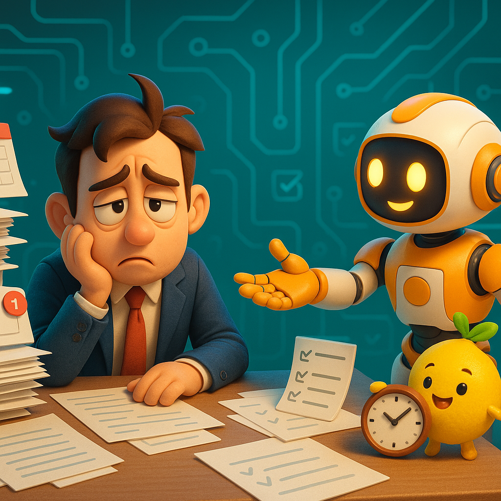 Friendly 3D AI robots collaboratively analyze energetic tech setups inside one bright, modern lemon-accented office.