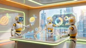 Friendly 3D robots collaborating in a vibrant tech room with lemon accents, illustrating LaunchLemonade's AI consulting for firms.