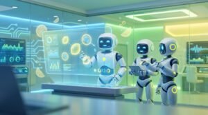 Friendly 3D robots collaborating in a zesty, modern tech lab for a business AI-Model-Comparison.