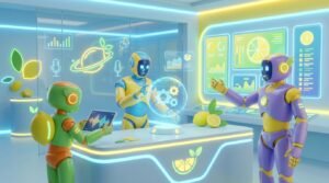 ChatGPT vs Claude vs Grok comparison shown as three AI robots competing in a vibrant modern tech arena with citrus-inspired color accents