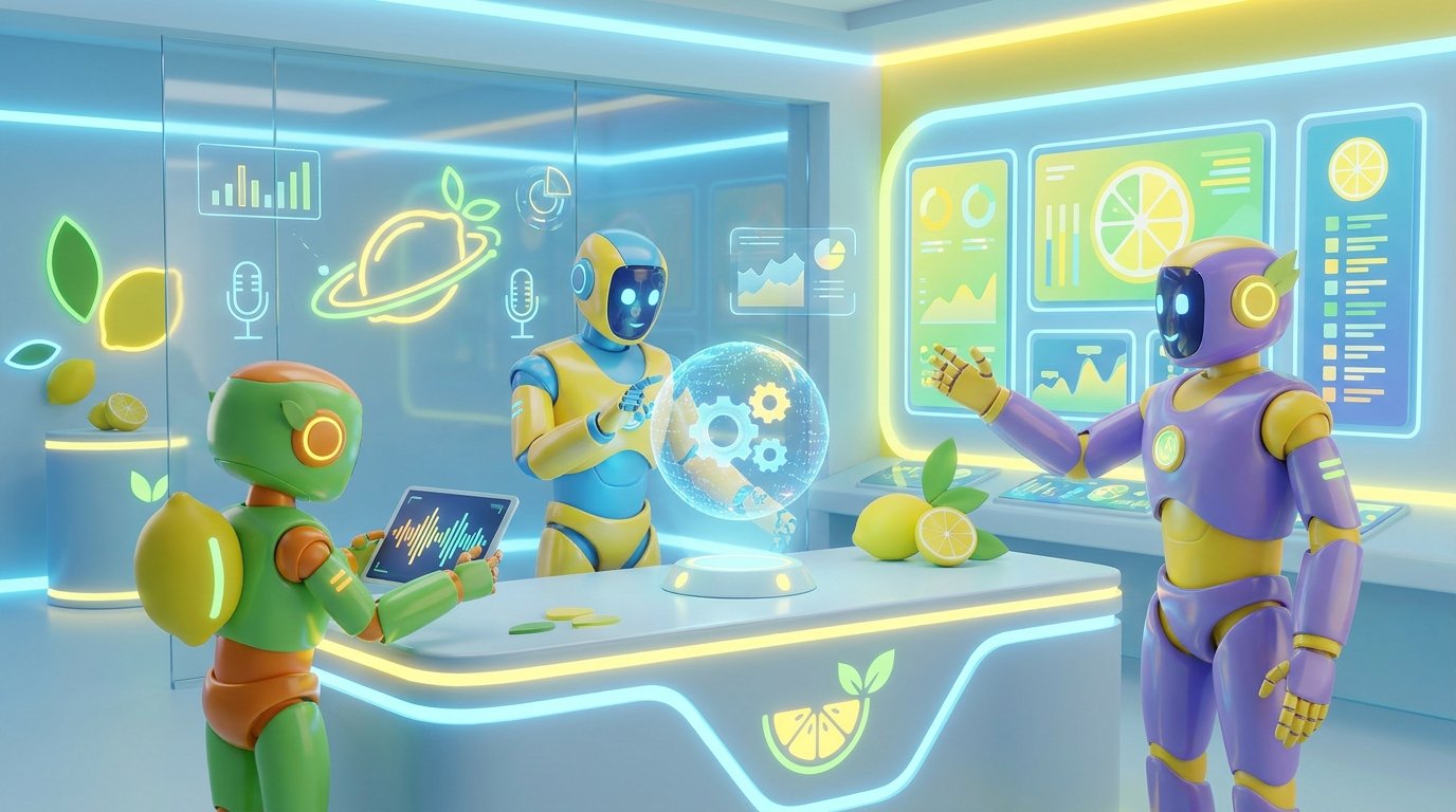 ChatGPT vs Claude vs Grok comparison shown as three AI robots competing in a vibrant modern tech arena with citrus-inspired color accents