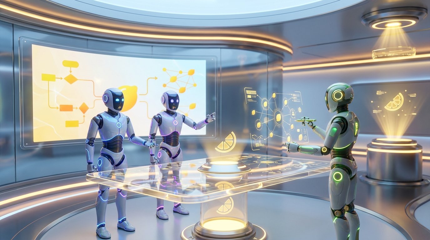 Claude vs ChatGPT shown as two AI robots in a sleek modern workspace with citrus yellow holographic screens.