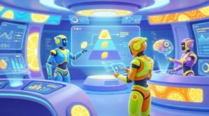 Three friendly AI model robots debating around a glowing holographic screen in a vibrant citrus-themed tech room with lemon accents