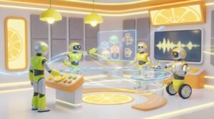 Friendly 3D robots collaborate in a bright, lemon-accented modern tech workspace, illustrating how users build AI agents no code effortlessly.