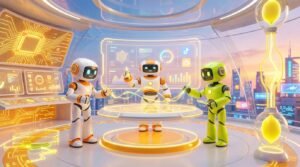 Three friendly AI robots evaluating ai platform options on holographic screens in a vibrant, lemon-accented modern tech workspace setting.