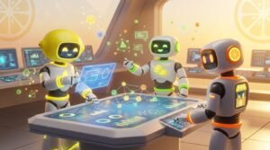 Friendly 3D AI robots working in a vibrant tech space with citrus accents, seamlessly collaborating to build powerful ai agents without any code.