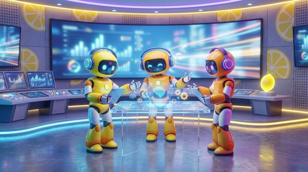 Friendly 3D AI robots collaborating in a brightly lit, modern tech workspace with vivid lemon-yellow accents, visualizing the comparison of openai vs claude.