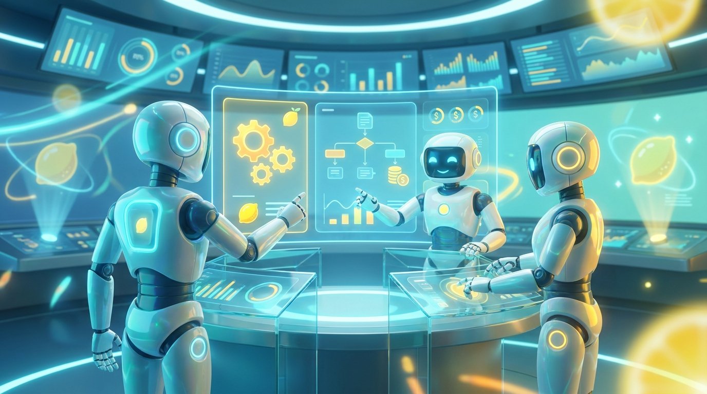 A group of friendly 3D robot AI Agents collaborating on analytical data in a vibrant, modern office space filled with bright citrus and lemon accents.