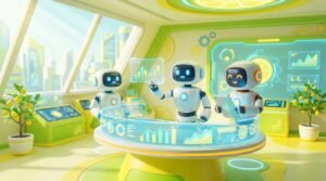 AI assistants for small business illustrated by a team of 3D robots working together in a bright, citrus-themed digital office environment.
