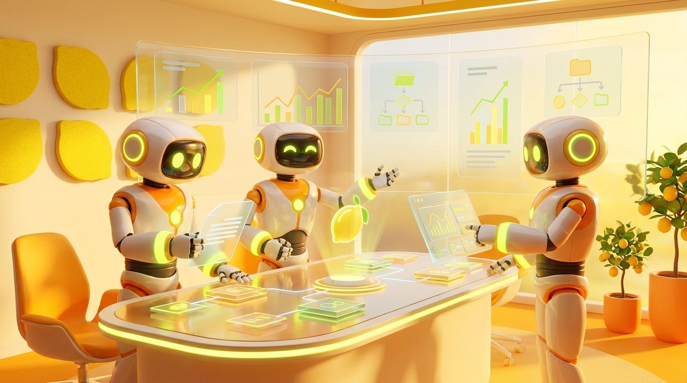 A group of friendly 3D AI robots collaborating on financial tasks in a bright, lemon-accented tech room, illustrating how to build AI agents no code.
