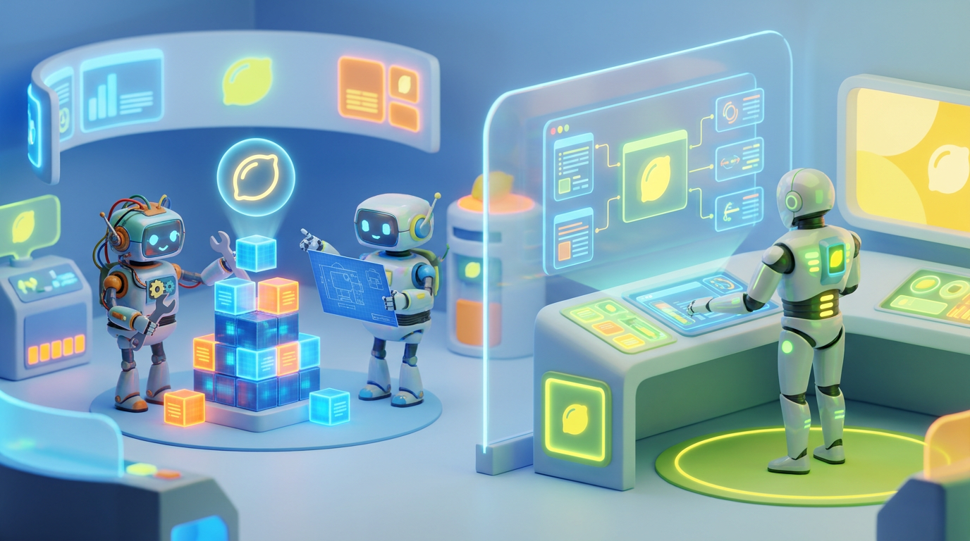 A team of friendly 3D AI robots collaborating in a vibrant, modern tech workspace with citrus accents, showcasing the seamless efficiency of a dedicated white-label AI platform.