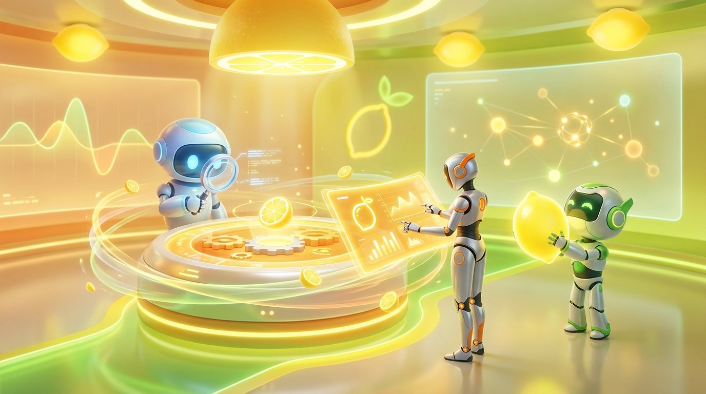 Friendly AI robots collaborating on a holographic dashboard representing the top AI agent platform by LaunchLemonade.