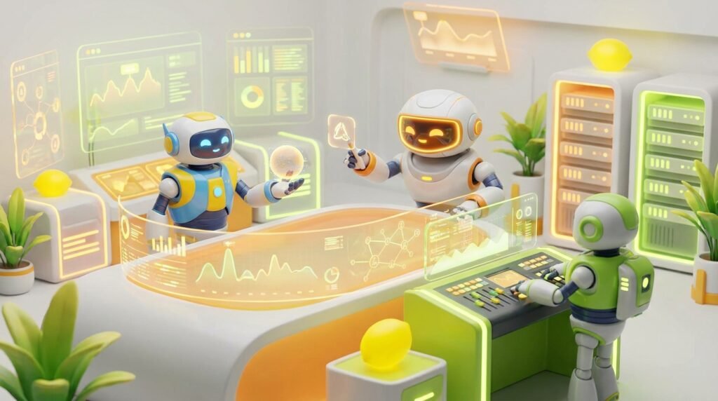 A team of friendly 3D robots collaborating in a modern, vibrant workspace with lemon accents, representing professional services AI.