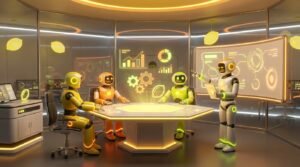 Vibrant 3D illustration of friendly AI robots collaborating in a modern tech room with lemon accents, exploring the different LaunchLemonade Plans.