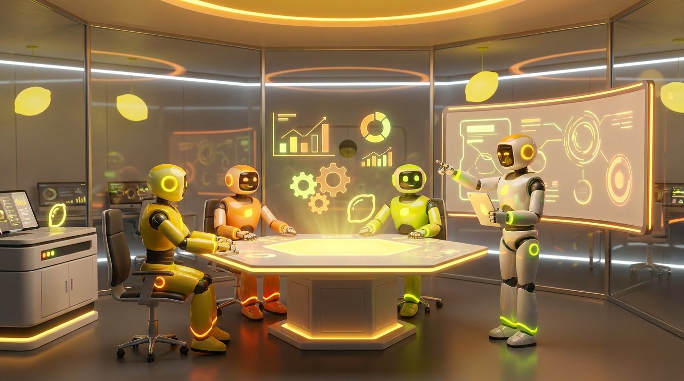 Vibrant 3D illustration of friendly AI robots collaborating in a modern tech room with lemon accents, exploring the different LaunchLemonade Plans.